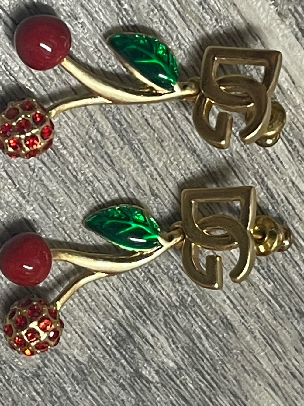 Gold-Tone Cherry Drop Earrings with Green Enamel Leaves